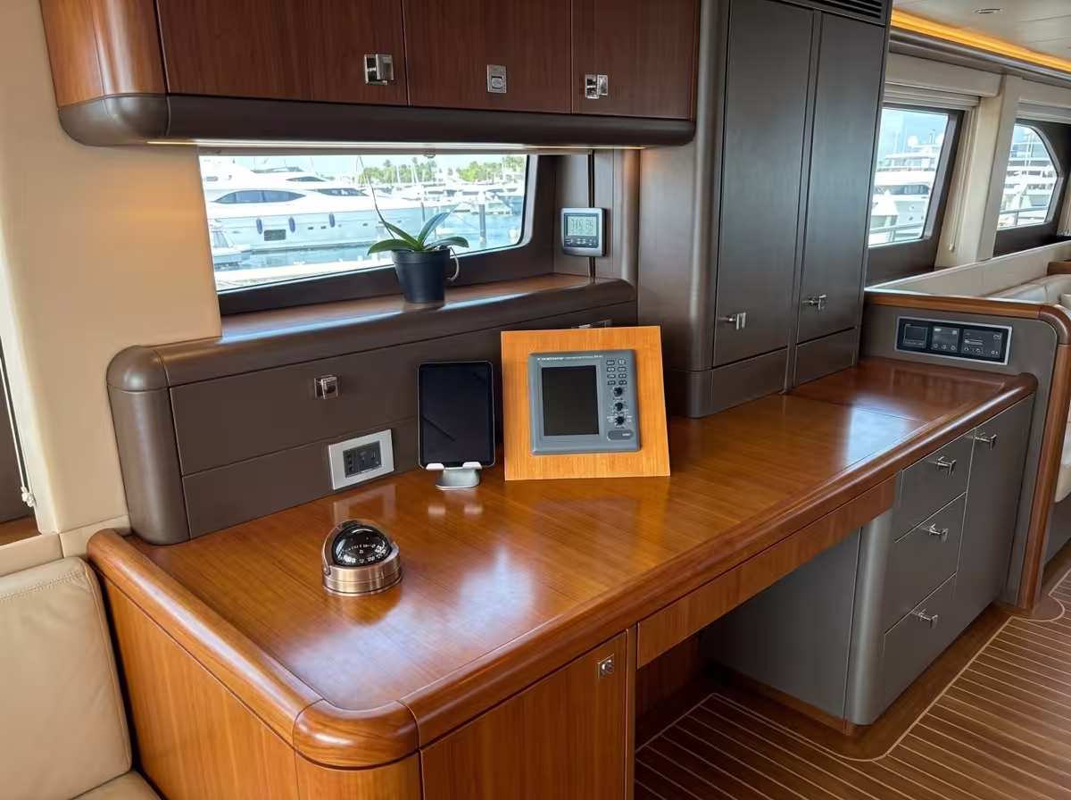 Boat navigation desk with wood finish