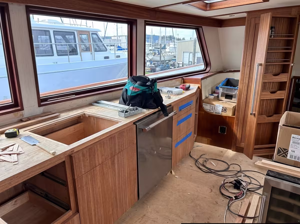 Wooden boat interior restoration in progress